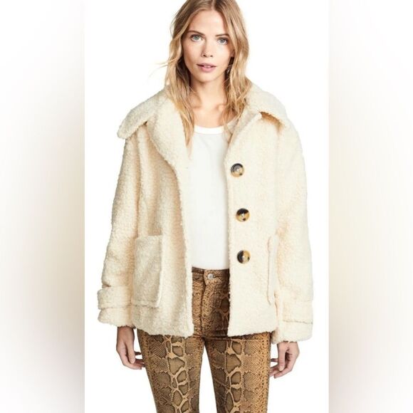 Free People Runway Popular Soft Teddy Bear Faux Fur Ivory Sherpa JacketSize M